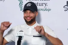Steph Curry talks to the media Friday after taking the lead with 27 points in the American Century Championship celebrity golf