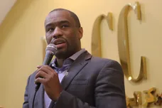 Social justice activist and Temple professor, Marc Lamont Hill speaks at the Palestinian Community Center, in Clifton.  Hill,